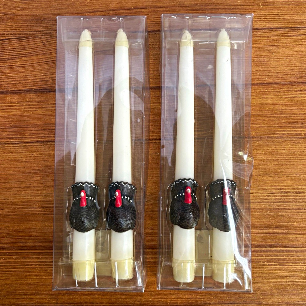 Set of 4 Turkey Taper Candles 10" White Thanksgiving Unscented Novelty